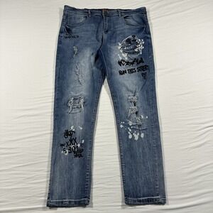 Bleecker and Mercer SLIM FIT DISTRESSED MOTO JEANS INDIGO BLUE Size 42x32 Peace